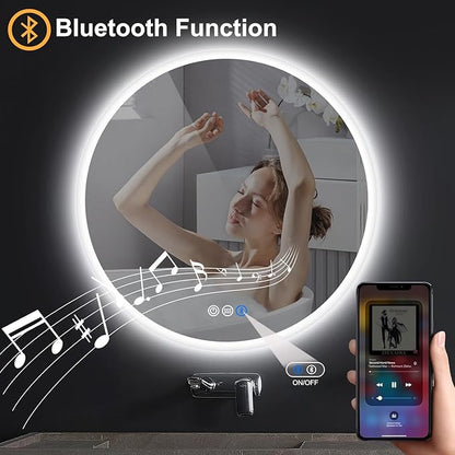 S·BAGNO 28’’ Round Led Bathroom Mirror with Lights, Backlit and Front Lighted, Anti-Fog Wall-Mounted Vanity Mirror 3000K/4000K/6500K, Dimmable Inside Bluetooth Speaker Smart Mirror