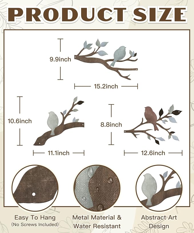 Putuo Decor Birds Branch Metal Wall Art Set Rustic Botanical Wall Decor Songbirds Leaves Neutral Nature Artwork for Living Room, Bedroom, Hallway, Entryway