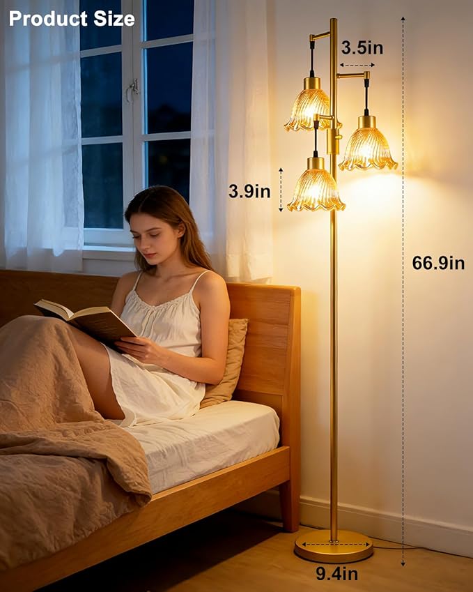 3-Light Modern Glass Floor Lamp, Gold Standing Tall Lamp with Amber Lily Glass Shade for Reading, Dimmable LED Floor Lamp with 5Lbs Heavy Base for Living Room Bedroom Home Decor, Bulb Included