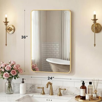 NEWBULIG 24X36 Inch Bathroom Mirror, Rectangle Wall Mirror with Rounded Corners, Gold Vanity Mirrors for Bathroom Sink with Metal Frame for Bedroom, Entryway, Hangs Horizontally or Vertically