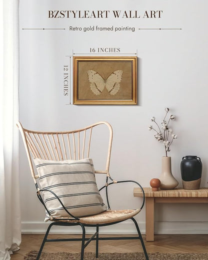 Bzstyleart Vintage Wall Art Decor for Living Room, Gold Framed Canvas Butterfly Wall Art, Vintage Butterfly Picture Prints, Gold Framed Artwork, 12 x 16 Inch
