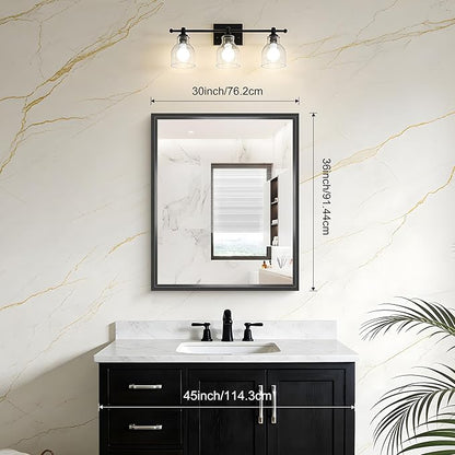 Black Bathroom Mirror, 36 x 30 Inch Brushed Black Rectangle Mirrors for Wall, 0.6" Thickened Deep Frame Mirrors for Over Sinks, Shatterproof Tempered Glass, Antirust, Horizontally or Vertically