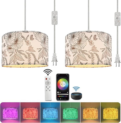 Hanging Lamp Plug in Pendant Light 2 Pack with Remote Control, 15Ft Hanging Lights with Plug in Cord Flower Lamp Shade Hanging lamps for Living Room Plug in Hanging Light Fixture for Bedroom, Kitchen