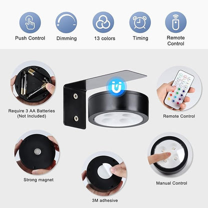 KELUOLY 4-Pack Wireless Battery Operated Painting Light with Remote Control,13 Color RGB Magnetic Led Art Picture Lights for Wall, Dimmable and Timer Poster Light, Wall Decor Black Display Light