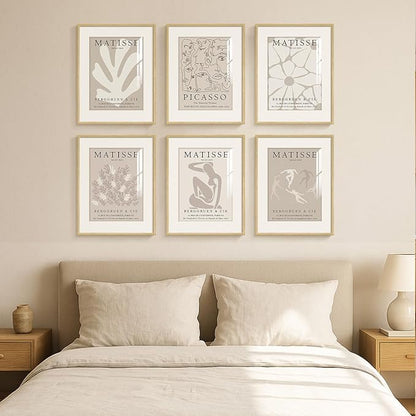 Framed Neutral Abstract Wall Art, 6 Piece Modern Matisse Prints Artwork for Walls, Minimalist Beige Matisse Pictures for Living Room, Bedroom, Dining Room, Lounge, Bathroom Wall Decor 11x14 In