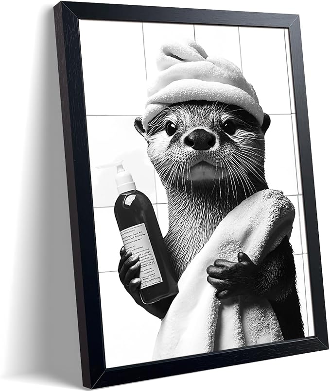 ARKZSHO Black and White Bathroom Wall Art, Funny Otter Is Getting Ready Bath Canvas Print Picture, Modern Farmhouse Wall Decor Painting, Cute Animal Bathroom Restroom Home Decoration 16x24 Inch Wood Framed