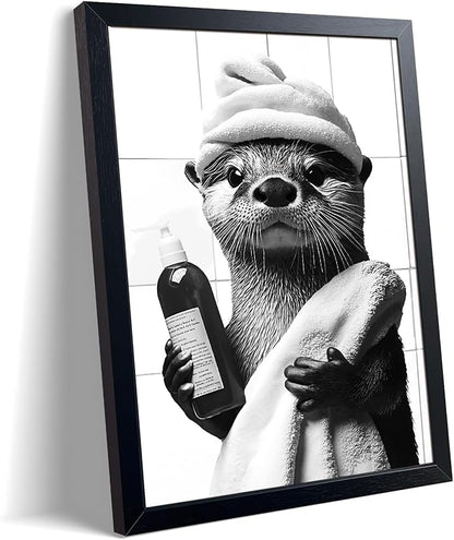 ARKZSHO Black and White Bathroom Wall Art, Funny Otter Is Getting Ready Bath Canvas Print Picture, Modern Farmhouse Wall Decor Painting, Cute Animal Bathroom Restroom Home Decoration 12x16 Inch Wood Framed