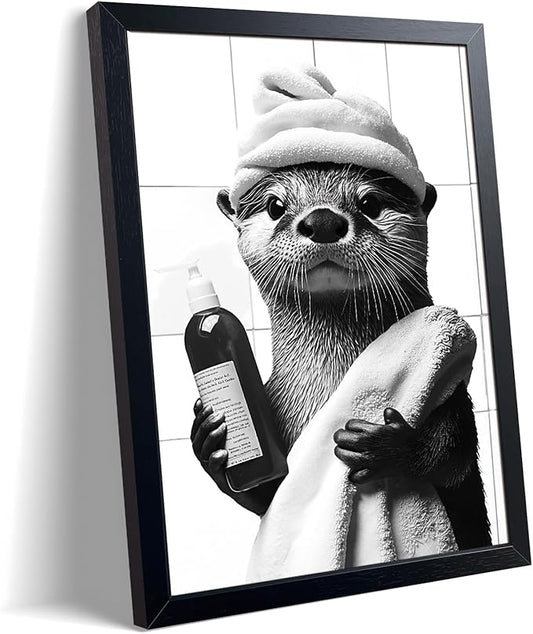 ARKZSHO Black and White Bathroom Wall Art, Funny Otter Is Getting Ready Bath Canvas Print Picture, Modern Farmhouse Wall Decor Painting, Cute Animal Bathroom Restroom Home Decoration 12x16 Inch Wood Framed