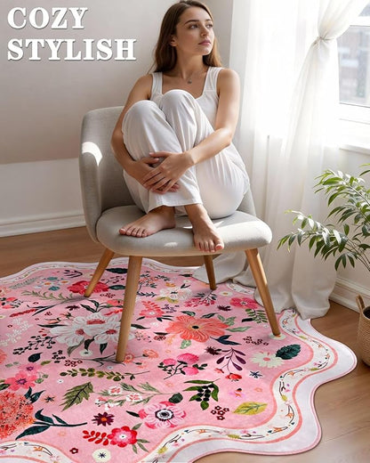 Macgace Pink Round Rug for Girls Bedroom, 4ft Machine Washable Floral Area Rugs with Non Slip Backing, Cute Flower Carpet Kitchen Living Room Kids Playroom Decor