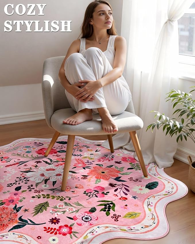 Macgace Pink Round Rug for Girls Bedroom, 5ft Machine Washable Floral Area Rugs with Non Slip Backing, Cute Flower Carpet Kitchen Living Room Kids Playroom Decor