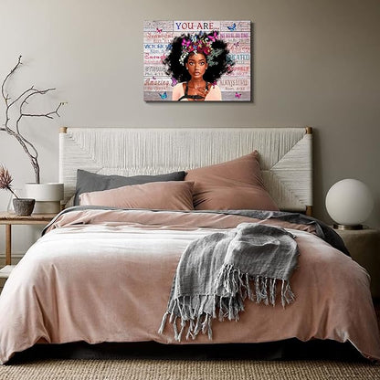 WOWGOOMO Vintage African American Women Wall Art Fashion Black Girl Portrait Canvas Pictures You Are Bible Quotes Poster for Living Room Bedroom Home Office Framed Inspirational Gift for Women 16"x24"