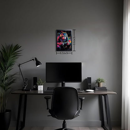 Gamer Monkey Wall Art, Gorilla Playing Video Game with Controller Canvas Print Poster, Colorful Graffiti Gaming Animal Painting, Boys Room Game Room Wall Decor 12x16 Inch Wood Framed