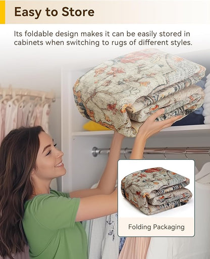 RELEANY Area Rugs 9'x12' Washable Non-Slip, Floral Vintage Distress Print Pattern Medallion Carpet for Living Room Bedroom Dining Room, Beige Navy Blue Orange Colorful