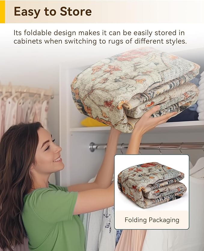 RELEANY Area Rugs 8'x10' Washable Non-Slip, Floral Vintage Distress Print Pattern Medallion Carpet for Living Room Bedroom Dining Room, Beige Navy Blue Orange Colorful