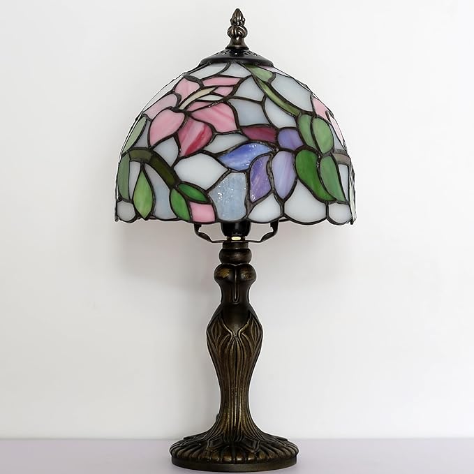 Tiffany Style Lamp Stained Glass Table Lamp 8 x 14.5” Pink Flower Design Mini Accent Lamp Small Decorative Bedside Memory Light