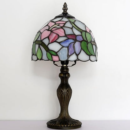 Tiffany Style Lamp Stained Glass Table Lamp 8 x 14.5” Pink Flower Design Mini Accent Lamp Small Decorative Bedside Memory Light
