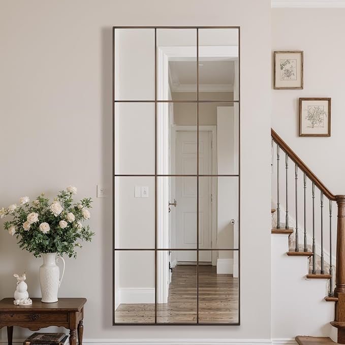 Anpark Windowpane Mirror Full Length 71"x30" Wall Mounted Mirror Faded Bronze Frame Vintage Distressed Art Pane Leaning Hanging Wall for Home Decor in Living Room Bedroom Hallway Entrance