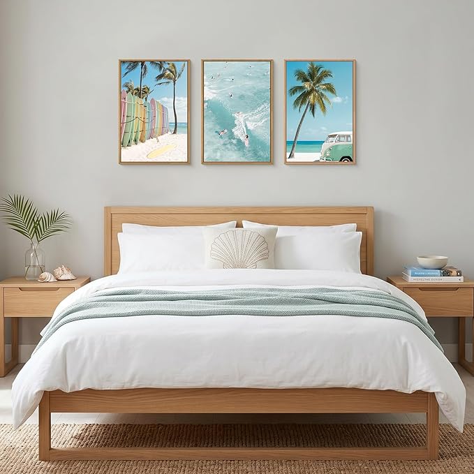 KAIRNE Ocean Beach Framed Canvas Wall Art Set, Coastal Seascape Surfboard Wall Decor, Modern Palm Tree Art Prints, Summer Surfing Blue Artwork for Living Room, Bedroom, Farmhouse, Office-24 x36 x3