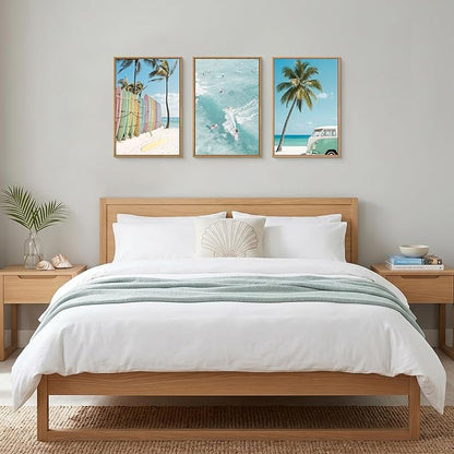 KAIRNE Ocean Beach Framed Canvas Wall Art Set, Coastal Seascape Surfboard Wall Decor, Modern Palm Tree Art Prints, Summer Surfing Blue Artwork for Living Room, Bedroom, Farmhouse, Office-24 x36 x3
