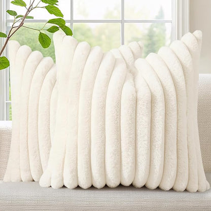 decorUhome Summer Cozy Faux Fur Throw Pillow Covers 24x24 Set of 2 Decorative Plush Striped Modern Farmhouse Boho Couch Euro Sham Pillow Cases with Velvet Back for Sofa Bed Living Room, Cream White