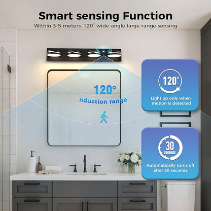 26In Motion Sensor Vanity Light, Matte Black 3CCT 4-Light Modern LED Bathroom Lighting Fixtures Over Mirror, Dimmable Rotatable Head Wall Sconce, 3000K-6000K Color Selectable