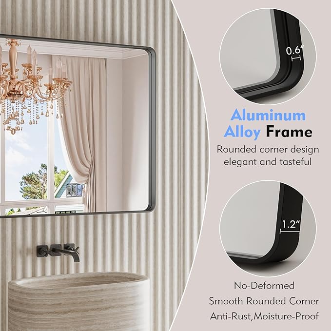 JISOSO Black Bathroom Mirror 21X30 Inch, Black Metal Framed Mirror for Wall, Rounded Rectangle Matte Bathroom Vanity Mirror with Tempered Glass, Anti-Rust, Horizontal/Vertical
