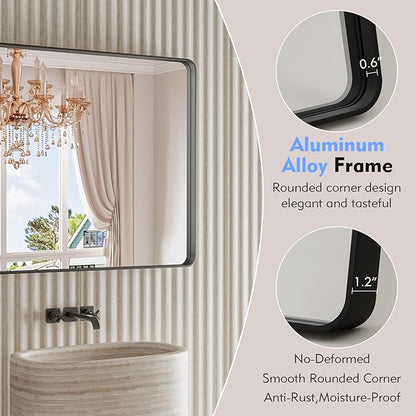 JISOSO Black Bathroom Mirror 21X30 Inch, Black Metal Framed Mirror for Wall, Rounded Rectangle Matte Bathroom Vanity Mirror with Tempered Glass, Anti-Rust, Horizontal/Vertical