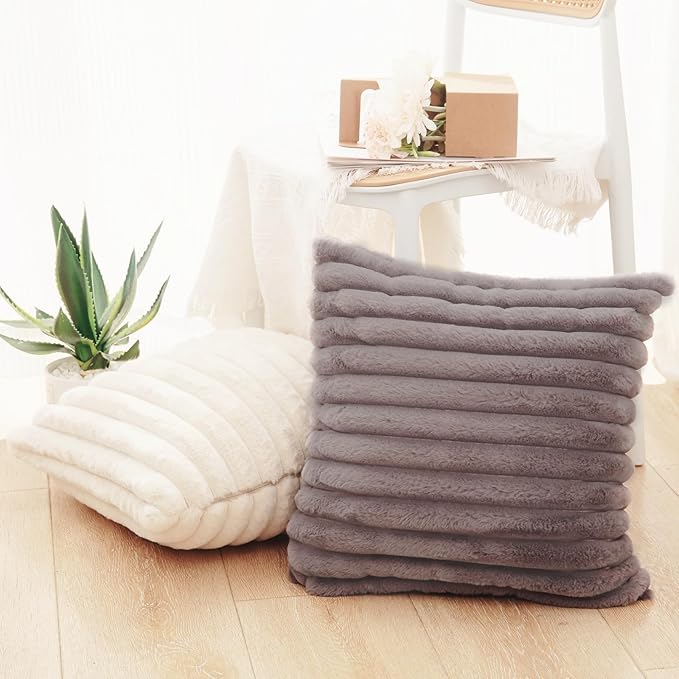Decorative Throw Pillow with Inserts, Set of 2 Soft Faux Fur Throw Pillows, Square Boho Striped Pillow for Couch, Bed, Sofa Decor(Gray, 18" x 18")