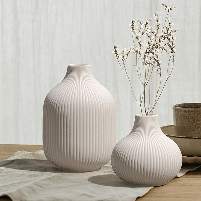 White Small Ceramic Vases Set of 3, Matte Vertical Ribbed, Minimalist for Pampas Dried & Fresh Flowers, Centerpiece for Living Room, Shelf, Entryway,Wedding,Office