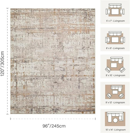 Rugxara 8x10 Modern Abstract Area Rugs,Large Soft Rugs for Living Room,Neutral Washable Rug,Beige Rugs for Bedroom Dining Room, Non-Slip Foldable Thin Indoor Carpet, Stain Resistant(Beige Grey)