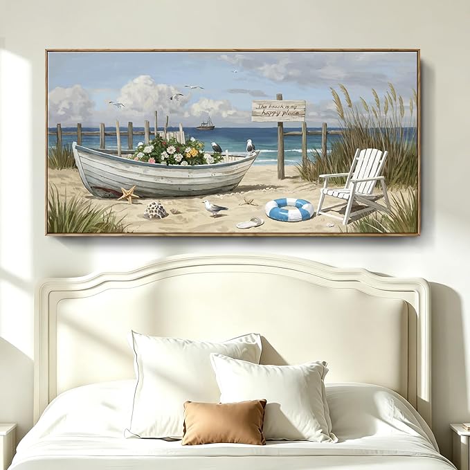 Large Framed Modern Nature Wall Art, Canvas Beach Coastal Landscape Print, Blue Ocean Seaside Decor Painting For Living Room Bedroom Office Dining Room Hallway, Ready To Hang 58X29 Inch