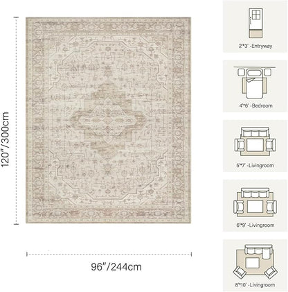 Rugxara 8x10 Washable Area Rug for Living Room, Vintage Neutral Extra Large Boho Rugs for Office, Kids Room, Farmhouse, Durable Low Pile Non Slip Carpet for High Traffic Areas, Cream