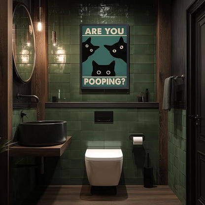 Cyebmo Funny Black Cat Bathroom Wall Art, Whimsical Toilet Humor Wall Decor, “Are You Pooping?” Cat Art Print, Three cats Poster Print for Restroom BathRoom Wood Framed Ready to Hang 12x16 Inch