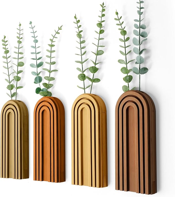 Ziliny 4 Pack Boho Wood Hanging Planters - Indoor Wall Decor Plant Holders for Modern Farmhouse Living Room Bedroom Rainbow Decor (Mixed Colors)