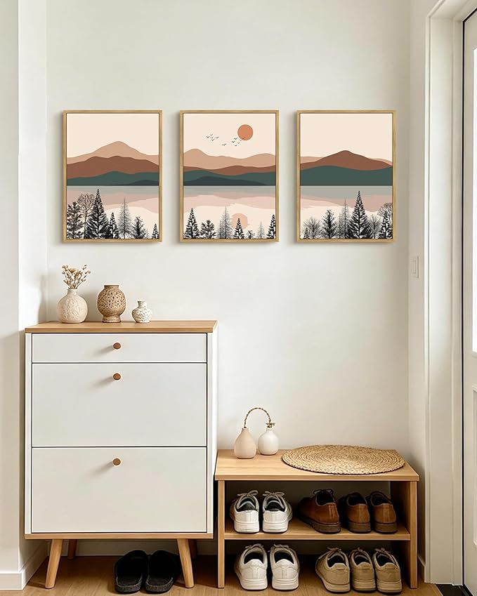 PHOPAGO Mountain Laker Landscape Framed Wall Art Boho Nature Artwork Paints Bohemain Farmhouse Rustic Living Room Bedroom Decor - 12x16in Natural Framed