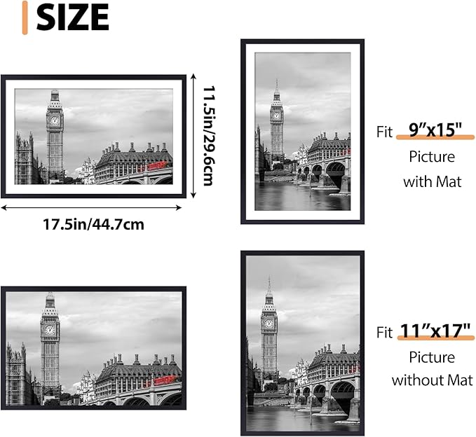 Fixwal 11x17 Picture Frame Set of 6 with Shatter Resistant Plastic Glass, Thin Border and Light Weight Photo Frames for Wall, Gift for Mother's Day, Father's Day, Graduation, Black