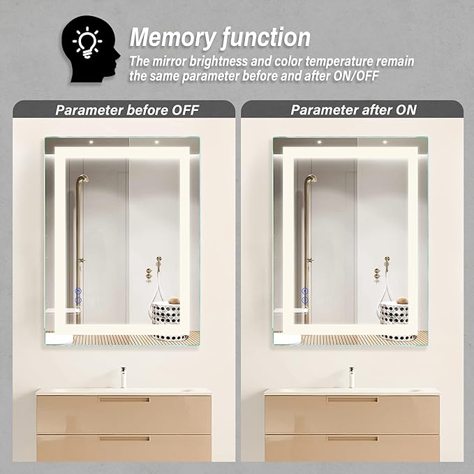 32"x 24" LED Bathroom Mirror Vanity Mirror, Anti-Fog, Dimmable, Color Temperature Adjustable 3000-6000K, Switch-held Memory Led Wall Mirror Suitable for Bathroom, Vanity (Vertical/Horizontal)