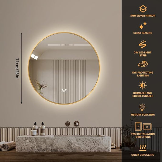LAIYA 28 Inch Round LED Bathroom Mirror with Lights, Gold Aluminum Frame, Anti-Fog Dimmable Backlit Vanity Mirror, 3 Color Temperature, Memory Function, Wall Mounted Lighted Bathroom Mirror