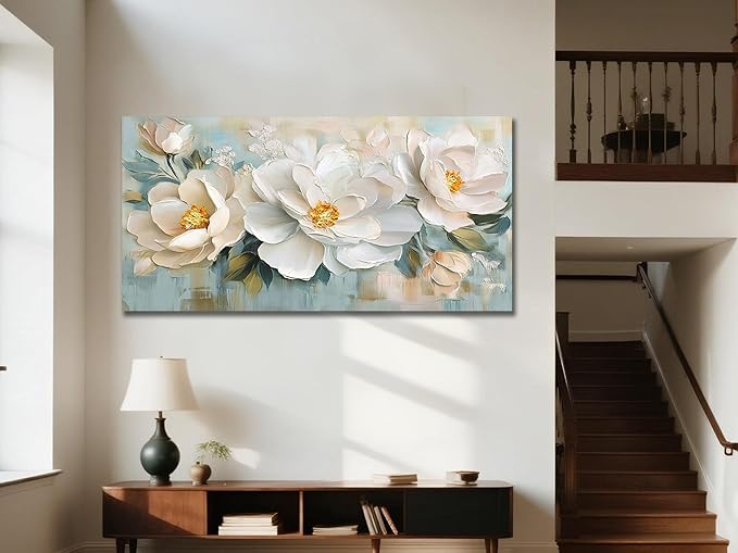 Enartly White Flowers Canvas Wall Art, Natural Plant Painting Textured Artwork for Living Room Bedroom Hallway Kitchen Dining Room Home Office Wall Decor, 48"x24"