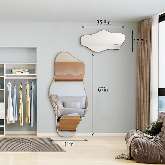 Irregular Frameless Mirror, 35.8"x17.7" Asymmetrical Tempered Glass Mirror, Modern Abstract Wall Mirrors for Living Room Bathroom Bedroom Hallway Entryway, Horizontal or Vertical Hanging