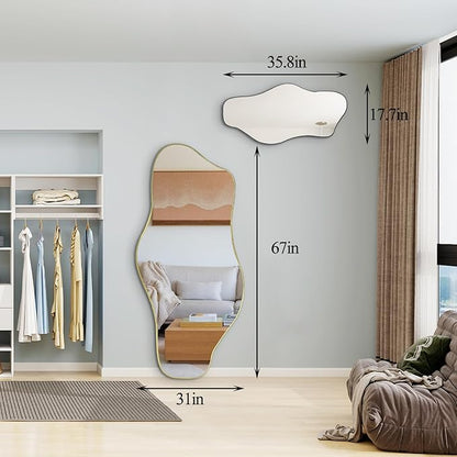 Irregular Frameless Mirror, 35.8"x17.7" Asymmetrical Tempered Glass Mirror, Modern Abstract Wall Mirrors for Living Room Bathroom Bedroom Hallway Entryway, Horizontal or Vertical Hanging