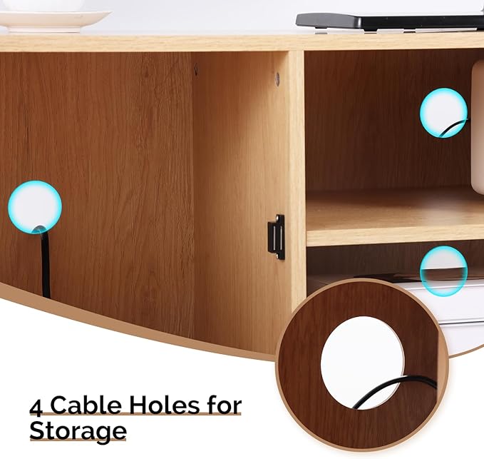 Modern TV Stand for 65 Inch TV, Entertainment Center with 2 Storage Cabinets and Adjustable Shelf, Solid Wood Feet, 4 Cord Holes, Groove Stripe Media TV Console Table for Living Room Bedroom (Natural)