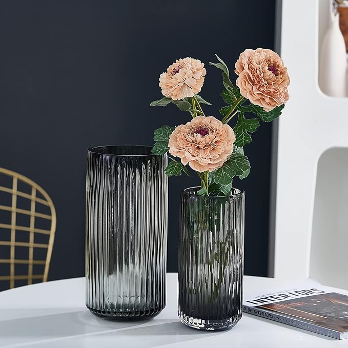 TIMEFOTO Flower Vase 7.5 inch Grey Thickened Hand Blow Glass Vase Round Vintage Striped Bottles for Bookshelf,Dinner Table,Indoor Office Desktop,Meeting Room,Bathroom,Countertop,Home