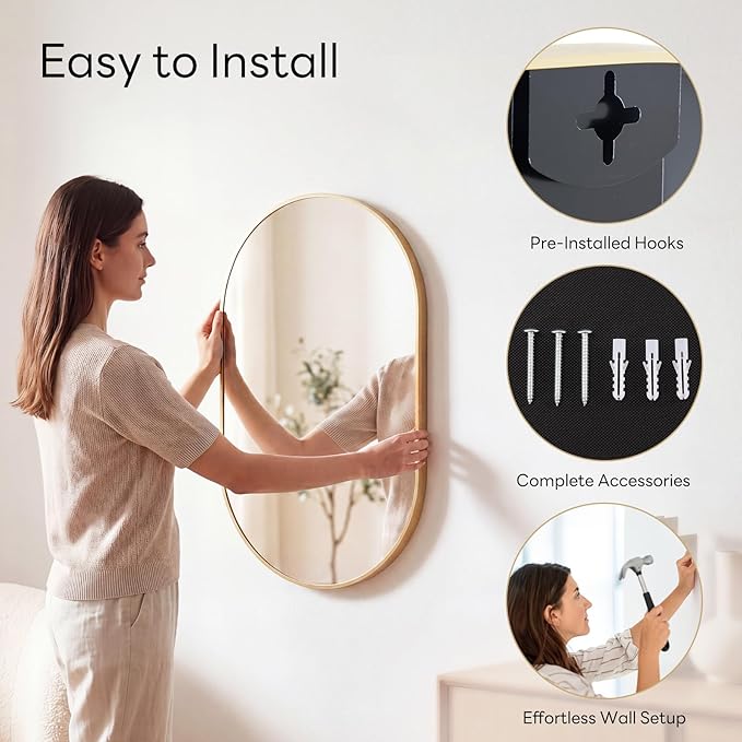 Sweetcrispy 20" x 30" Gold Bathroom Mirror for Wall, Oval Wall Mirror with Metal Frame, Tempered Glass, Modern Vanity Mirror for Over Sink, Living Room, Bedroom, Entryway, Horizontal or Vertical