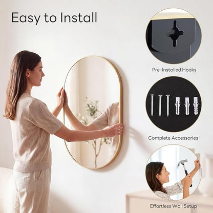 Sweetcrispy 20" x 30" Gold Bathroom Mirror for Wall, Oval Wall Mirror with Metal Frame, Tempered Glass, Modern Vanity Mirror for Over Sink, Living Room, Bedroom, Entryway, Horizontal or Vertical