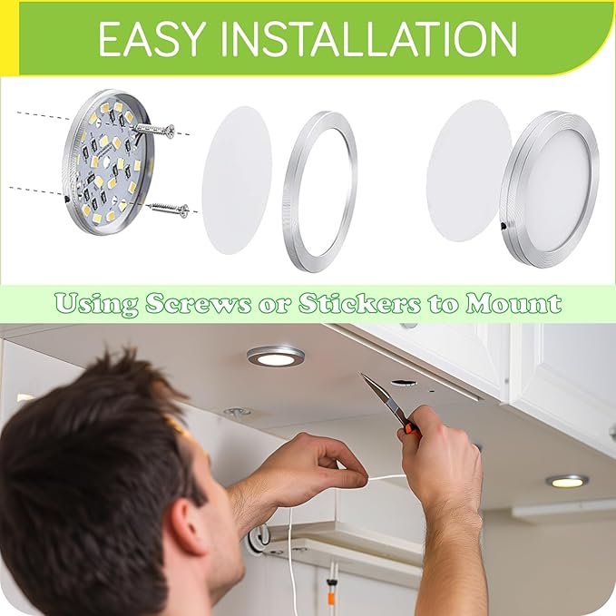Under Cabinet Light 2.5", Single LED Puck Light for Curio Kitchen Display Shelf Lighting, Dimmer Switch, 120VAC Plug in, Black Cord, 2 Packs, Warm White