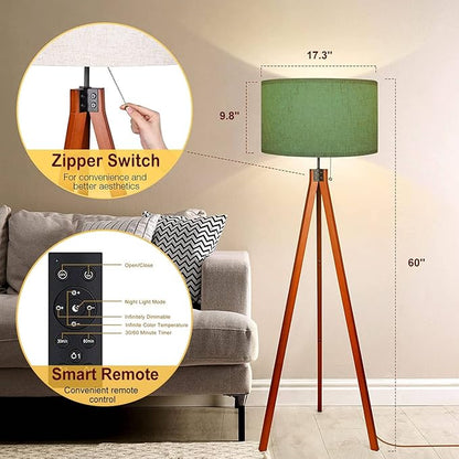 Wood Tripod Floor Lamp Dark sage Green Felt Texture Abstract Modern Standing Lamp Linen Lampshade Dimmable Tall Lamp Mid Century Floor Lamp for Living Room Bedroom