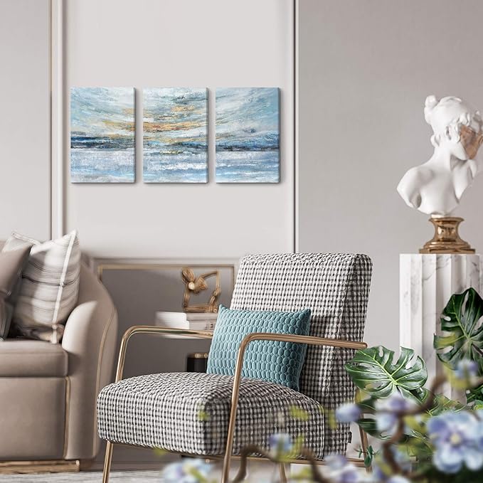 Abstract Canvas Wall Art for Bedroom 3 Piece Ocean Painting Coastal Theme Artwork Blue and Yellow Sunset & Sunrise on the Beach Seascape Picture for Bathroom Living Room Light 12x16inchx3 panel