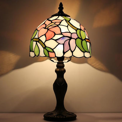 Tiffany Style Lamp Stained Glass Table Lamp 8 x 14.5” Pink Flower Design Mini Accent Lamp Small Decorative Bedside Memory Light