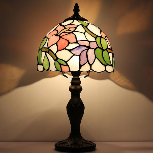 Tiffany Style Lamp Stained Glass Table Lamp 8 x 14.5” Pink Flower Design Mini Accent Lamp Small Decorative Bedside Memory Light
